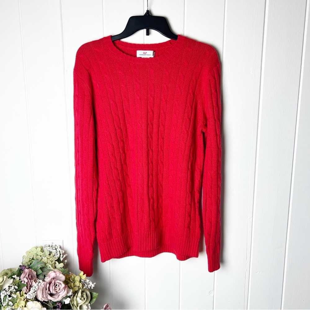 Vineyard Vines Solid Red Cable Knit Crewneck Wool Cashmere Blend Sweater